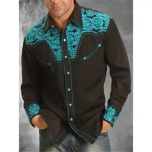 Men'S Long Sleeve Western Shirt - Black with Turquoise Floral Pattern on Collar & Cuffs, Button-Up Casual Style, Polyester Fabric, Perfect for All-Season Wear, Western Style Shirt