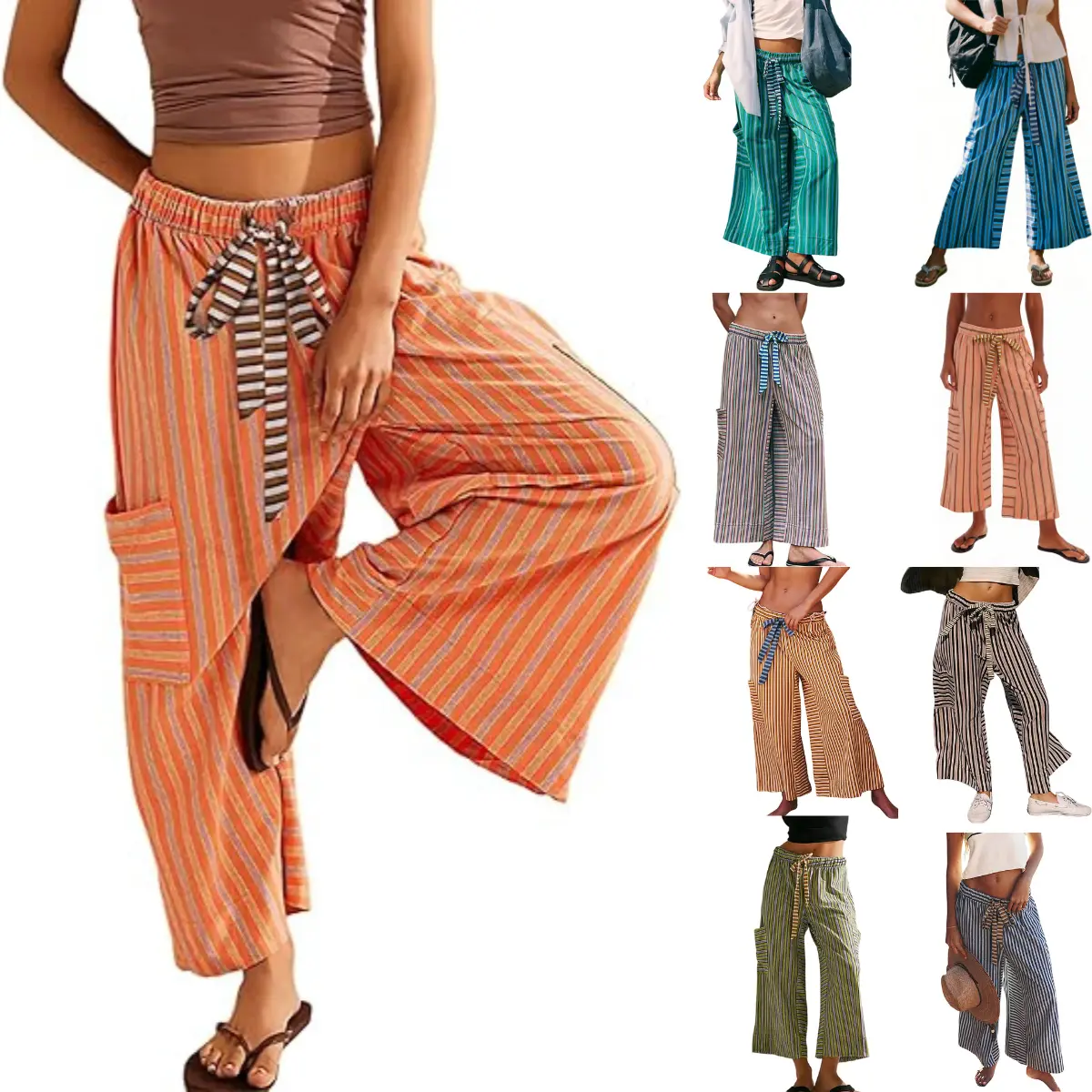 Yeokou Women's Cotton Striped Pants, Casual Baggy Wide Leg Bottoms with Pockets and Drawstring for Lounge and Holiday, Loose, Pants For Women, Clothes, 100% Cotton Pants