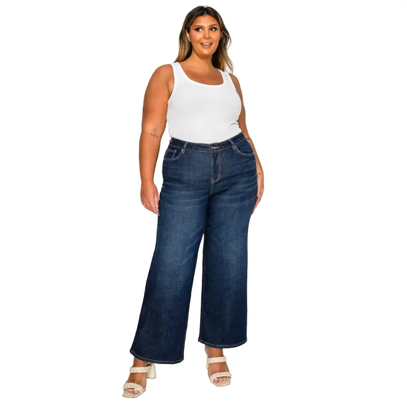 Women's Plus Size Wide-Leg Pants, Casual High Waist Loose-Fitting Cotton Rayon Trousers with Slight Stretch for Tee Looks, Machine Washable, Spandex