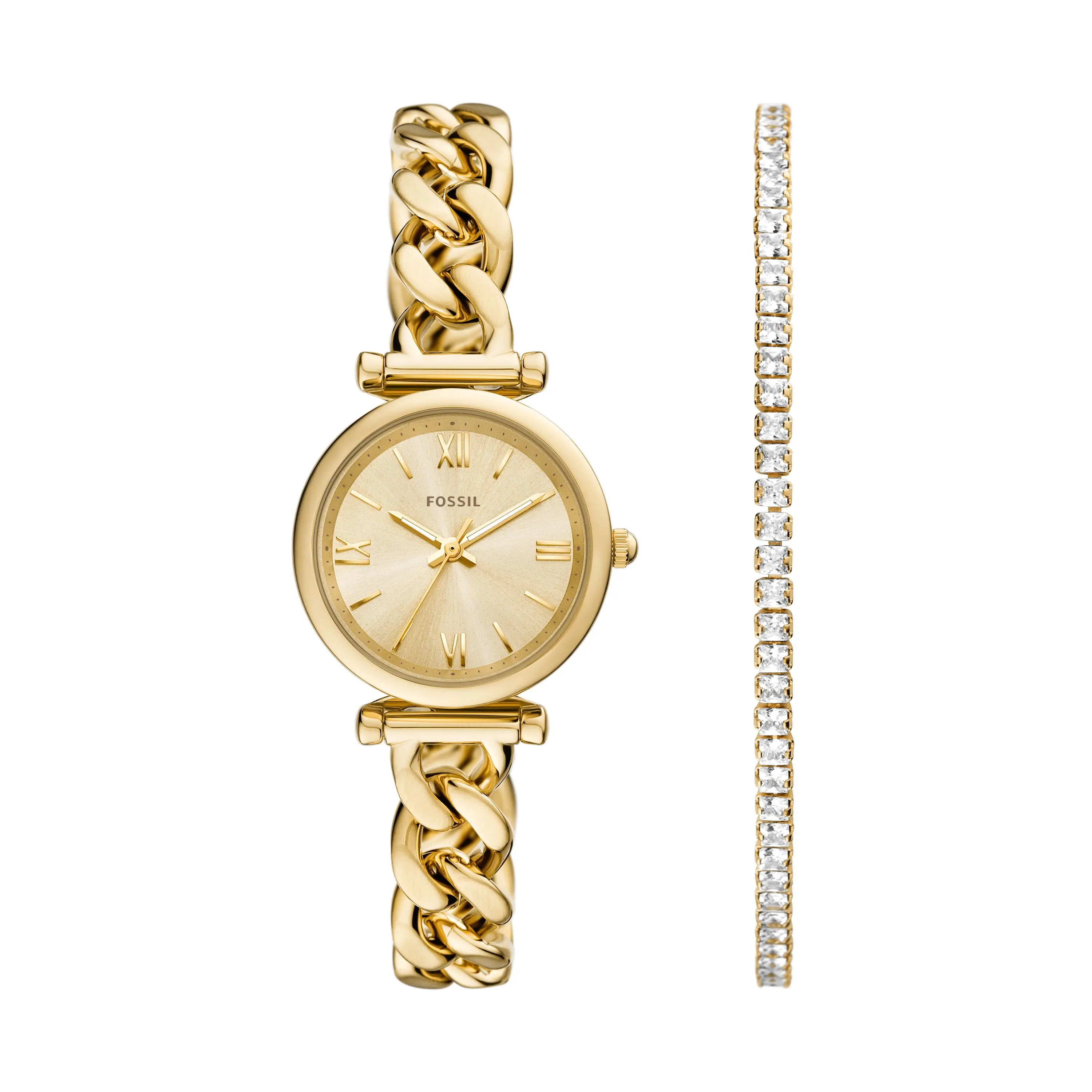 Fossil Women's Carlie Mini 28mm Three-Hand, Gold-Tone Stainless Steel Watch and Bracelet Set