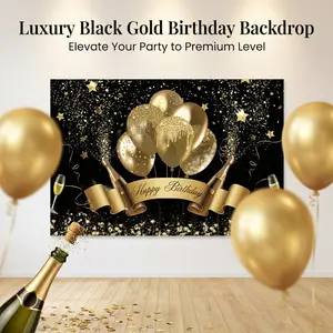 and Gold Theme Birthday Background Cloth, Durable Polyester, Large Rectangular Design, HD Digital Print, Luxury Party Backdrop