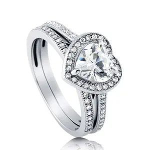 BERRICLE Sterling Silver Halo Heart Engagement Promise Rings Stackable Band for Her, Heart Shaped Cubic Zirconia CZ Ring Set