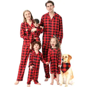 Family Christmas pajama set featuring a buffalo pattern, front button closure, and long sleeves—made from hemp fabric. GARMENTARY