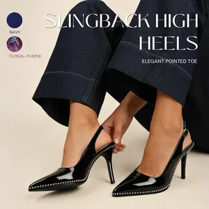 Zamikoo Women’s Beaded Slingback Stiletto Heels, Pointed Toe Patent Leather PVC Opera Pumps with Adjustable Buckle, 90mm Heeled Shoe, Silver Beaded Design, Classy Elegant Fashion Stylish Girl Shoes for Wedding, Party & Clubbing | Heel Collection Footwear