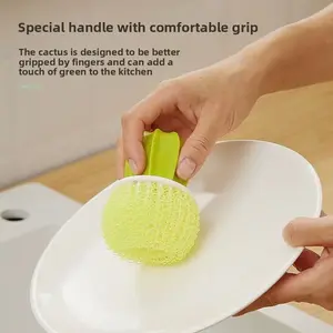Cactus-Shaped Kitchen Dish Brush with Nano Cleaning Ball: Home Use, Lint-Free, Pot-Scrubbing Essential. Comes with Handle & Drainage Tray