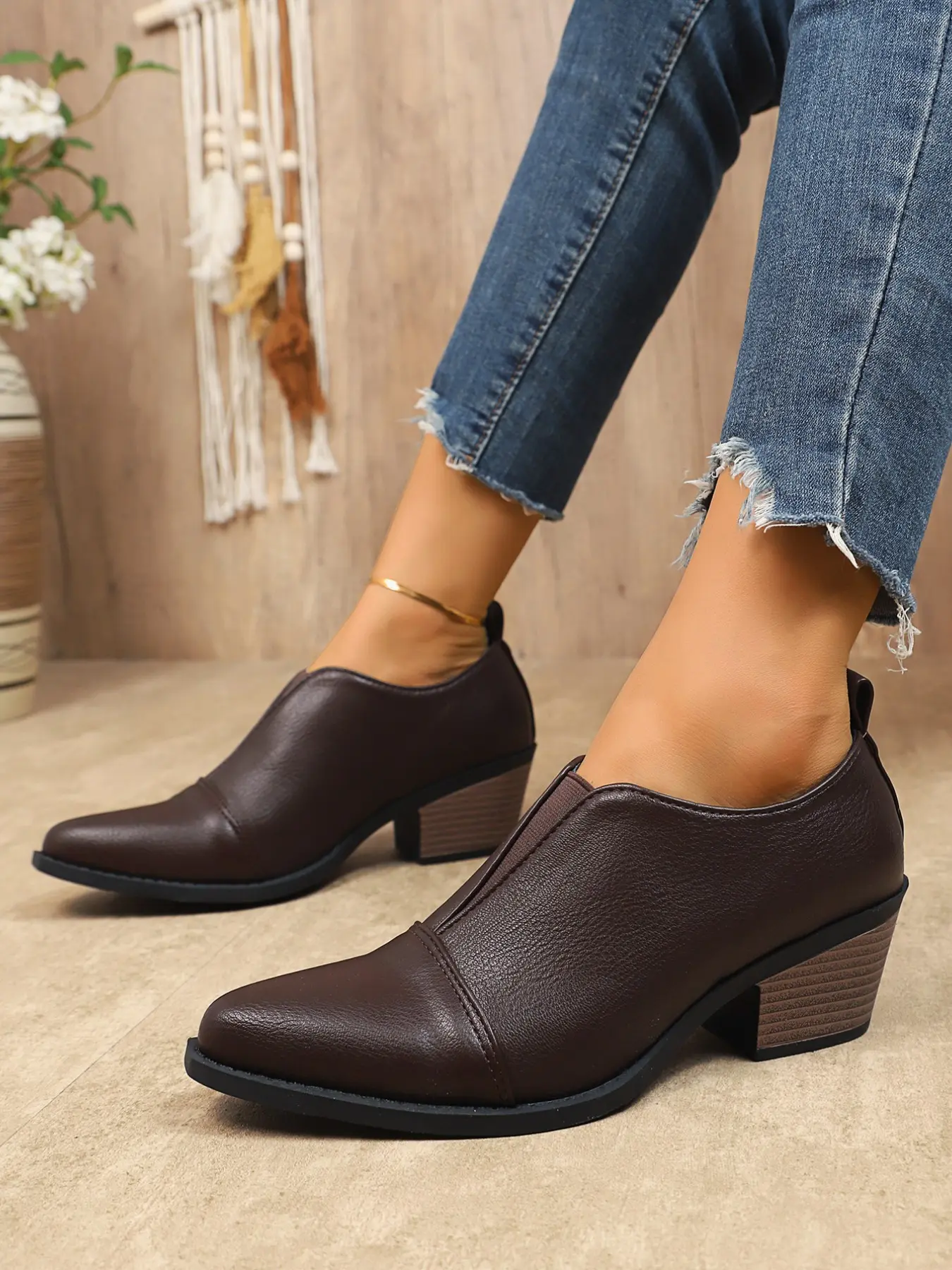Women's Pointed Toe V-Neck Elastic PU Leather Rubber Dress Shoes, Casual All-Season Slip-Ons, Breathable Comfortable Heeled Oxfords