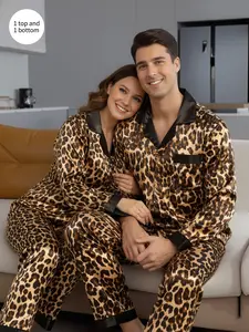 Couple Long Sleeve Spring Autumn Sleepwear, Comfortable Home Wear for Men and Women, Leopard Print Two-Piece Set, All Seasons