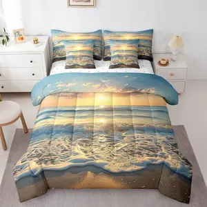 Beach Theme Comforter Set 7 Pieces Ocean Bedding Set for All Season Coastal Nautical Nature Theme Bed in a Bag with Comforter,Sheets,Pillowcases & Cushion Cover