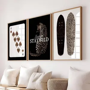 Leopard Trendy Set of 3 Wall Art Set, Ace of spade wall decor, Skateboard Cheetah Wall Luxury Fashion wall decor, Y2k apartment decor poster