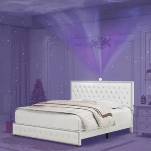 Queen Size Bed Frame with Star Projector Galaxy Light, Adjustable Upholstered Headboard with Diamond Button, USB Charger, Music Speaker, PU Leather-B2727P253419