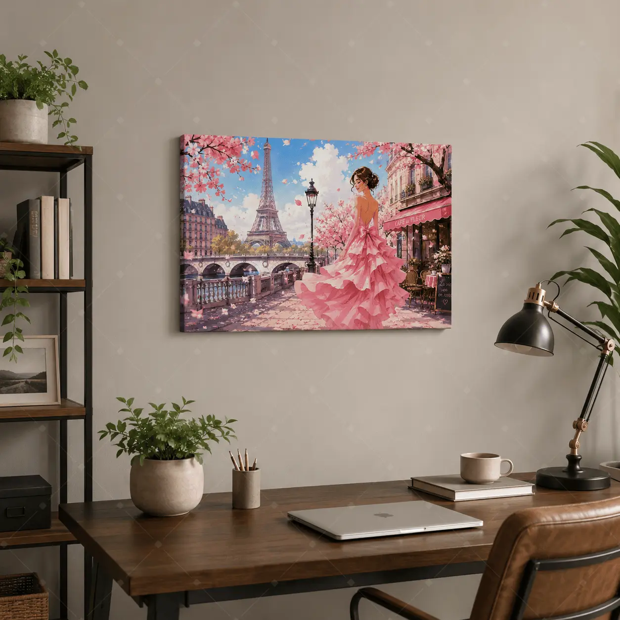 Women's Feminine Paris Cherry Blossom Pink Wood Framed-Unframed Canvas Wall Art - Trendy Romantic Watercolor Print, Nursery Kid Room Decor, Women's Room Wardrobe Entryway Decoration