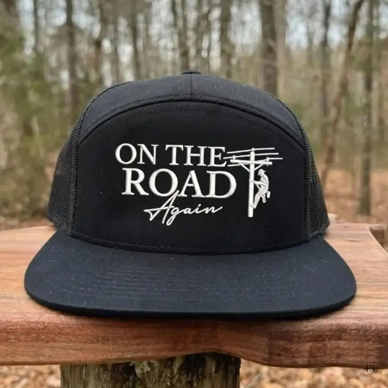 On The Road Again Trucker Hat | Lineman Embroidered Mesh Snapback | Utility Worker Flat Bill Cap | Blue Collar Workwear Gift for Men