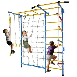 7 in 1 Indoor Playground Laddeer Wall Gym With Monkey Bars,Rope Ladder,Rope Wall, Pull-up Bar, Wall Ladder, Rope, And Gymnastic Rings