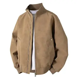 Men's Tan Suede Bomber Jacket - Relaxed Fit with Ribbed Trim and Cuffs, Casual and Urban Style Trendy Coat