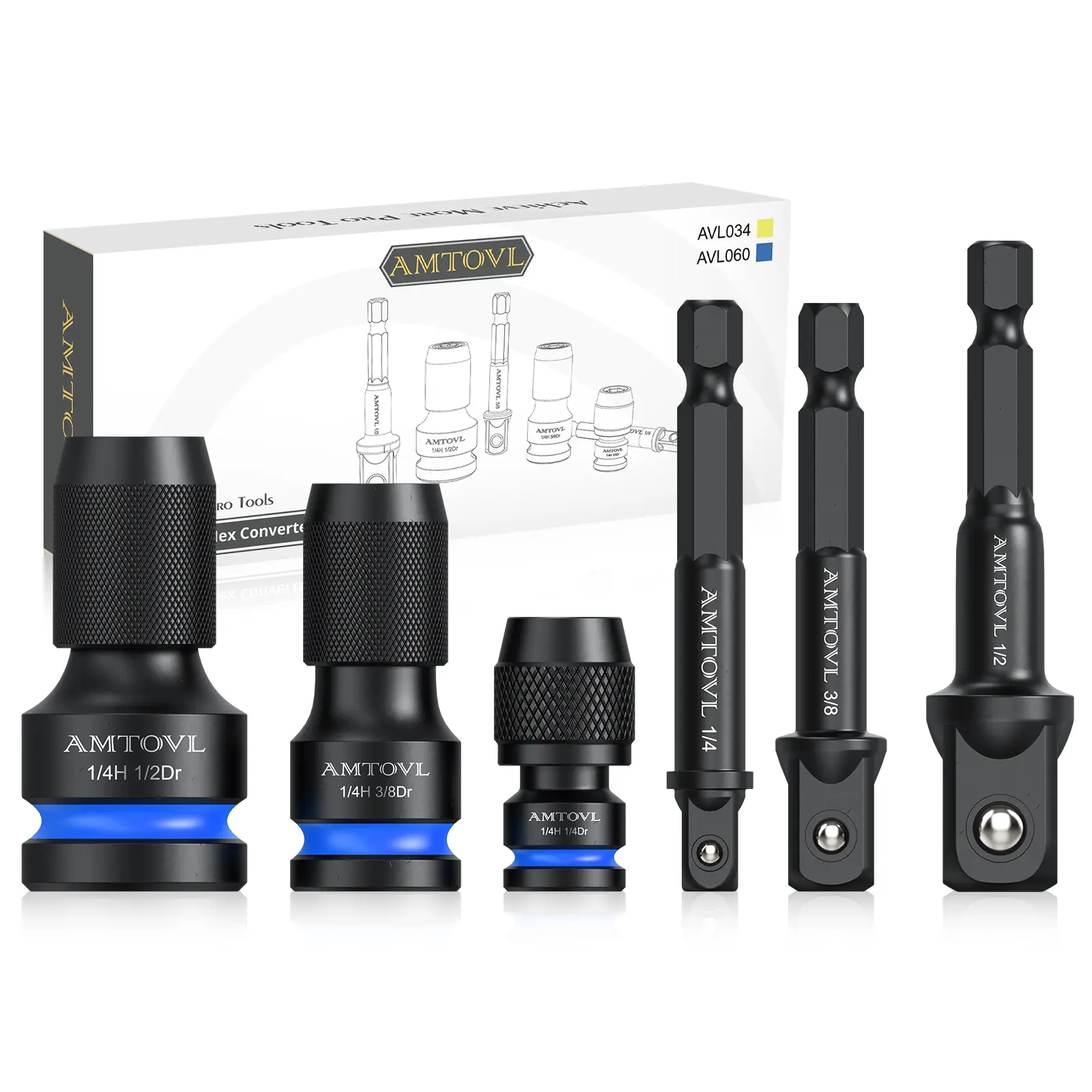 AMTOVL Impact to 1/4 Hex Converter - 1/2 3/8 1/4-INCH Drive Female to 1/4-Inch Hex Adapter with 3PCS Socket Adapter Set for Ratchet Wrench Drivers, Impact Bit Holders, Quick-Change Chuck - Blue Hex Conversion Kit Conversion Tool