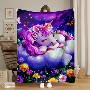 1pc Magical Sleeping Unicorn on Cloud with Butterflies & Flowers Print Flannel Blanket, Super Soft Cozy Warm Lightweight Throw for Sofa, Bed, Office, Car, Travel, Camping Decor, Adults Gift, Fluffy Blanket