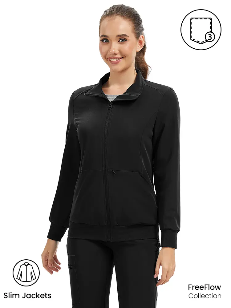 KITMAZ Women's Scrubs Jackets - Long Sleeve Zip Front Lightweight Polyester Blend Stretch Work Uniforms Coat with Fitted Cut, 3 Pockets