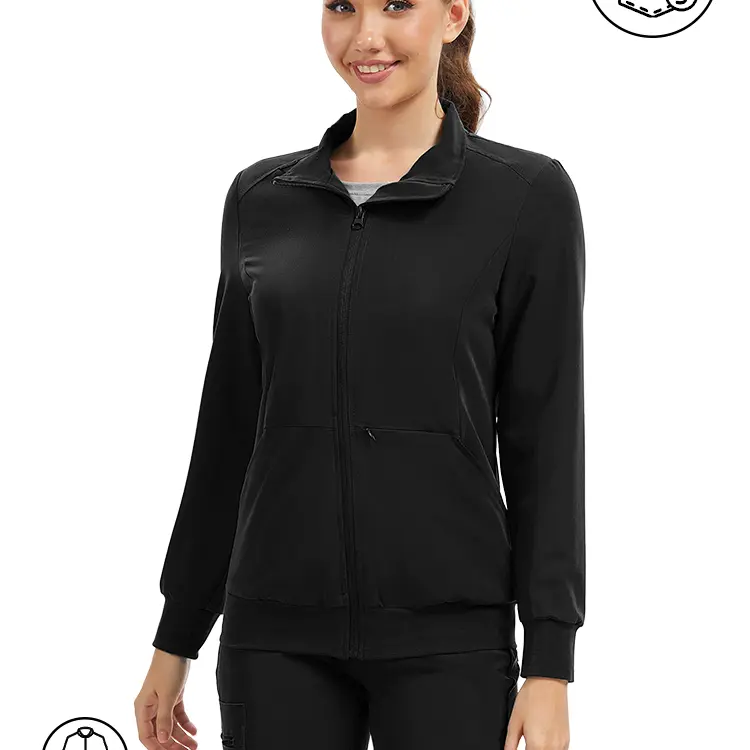 KITMAZ Women's Scrubs Jackets - Long Sleeve Zip Front Lightweight Polyester Blend Stretch Work Uniforms Coat with Fitted Cut, 3 Pockets