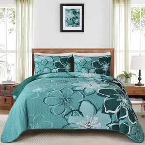 Floral Quilt Set  3 count Dark Green Flower Quilt Coverlet Set with 2 Pillow Cases, Lightweight Soft Microfiber Reversible Boho Bedspread for  Seasons 108"x92"