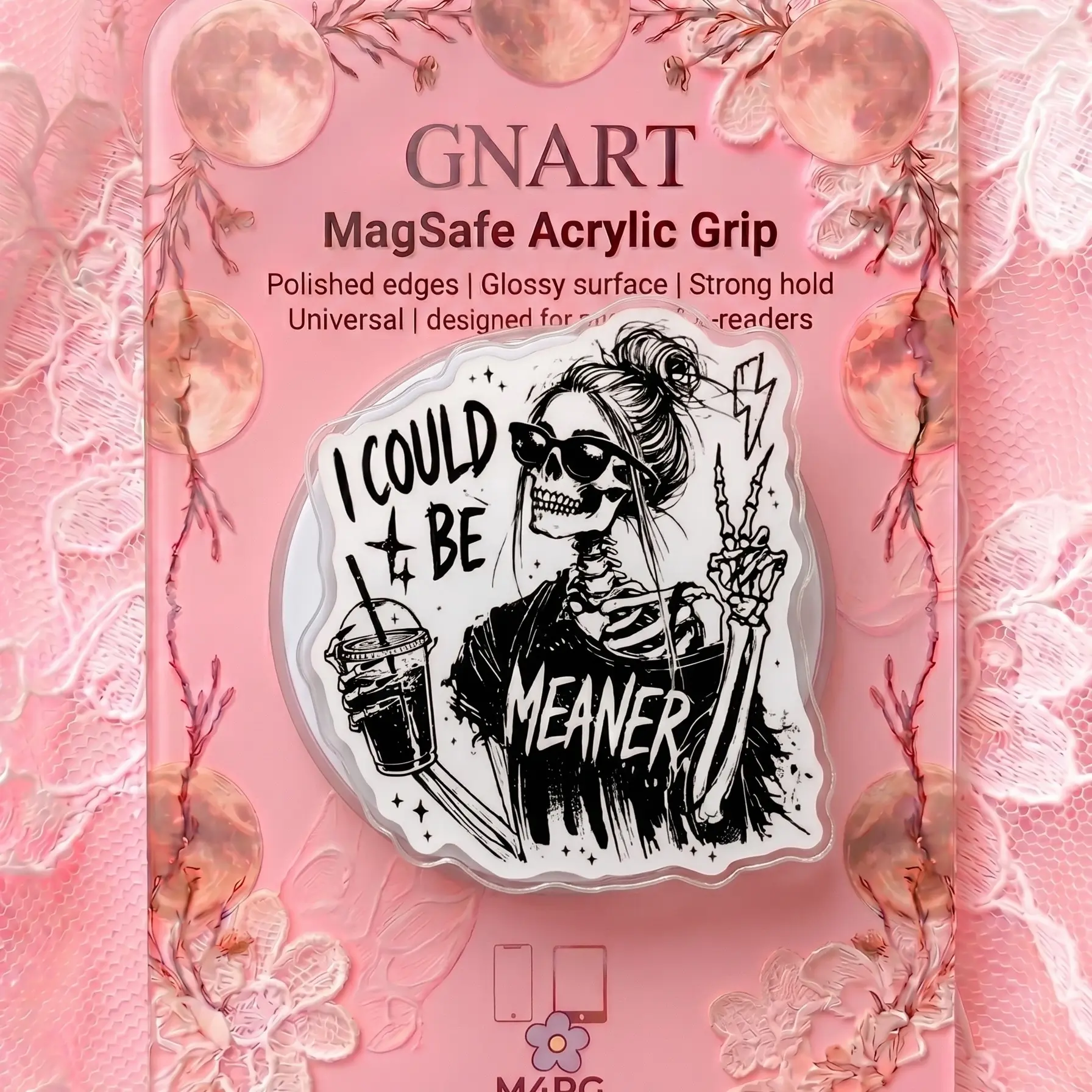Sarcastic Skeleton Girl Magnetic Phone Grip, Acrylic MagSafe Compatible Phone Stand, Edgy Pastel Pink Spooky Cute Messy Bun Skeleton Phone Accessory