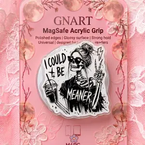 Sarcastic Skeleton Girl Magnetic Phone Grip, Acrylic MagSafe Compatible Phone Stand, Edgy Pastel Pink Spooky Cute Messy Bun Skeleton Phone Accessory