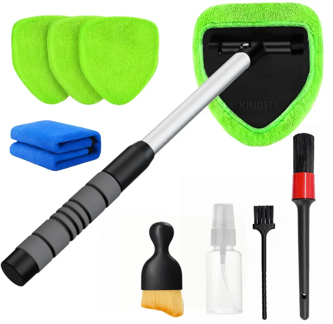 Windshield Cleaning Kit, Car Interior Glass Detailing Kit with Extendable Handle, 180° Swivel Head, 4 Reusable Microfiber Pads, 3 Detail Brushes, Spray Bottle & Cleaning Towel, Auto Window Cleaning Kit for Car, Truck, SUV, RV & Home Windows