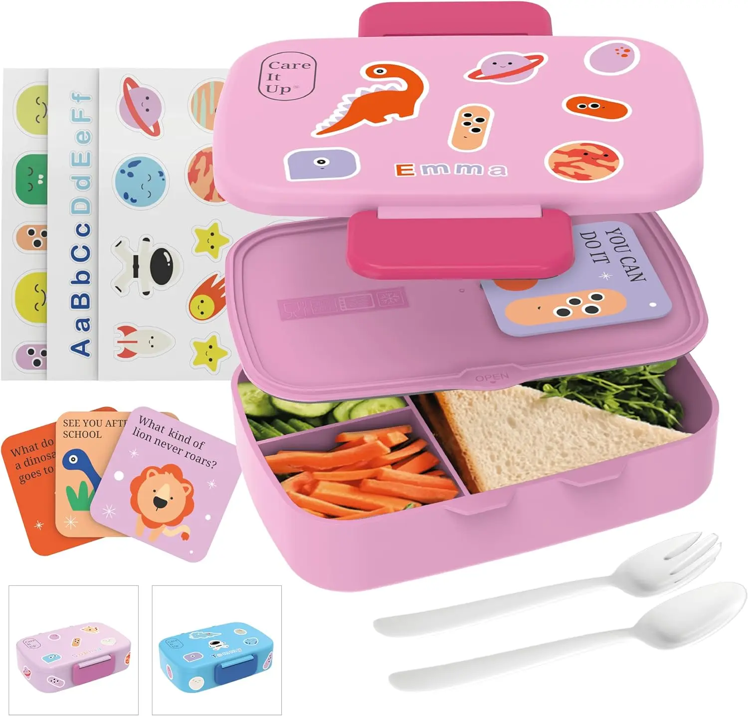CareItUp Pink Kids Lunch Box for School Girls & Boys with Cutlery Set, 40 Parent Cards, 6 Sticker Sheets - 3 Compartments Hot Lunch Box is BPA-Free, Leakproof, Microwave and Dishwasher-Safe - LunchBox Set Best for School and Picnic Tableware