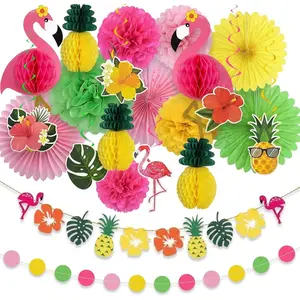 ADLKGG 21 Pcs Tropical Luau Party Decorations, 21" Large 3D Flamingo Honeycombs, Paper Fans, Banners, Hanging Swirls for Hawaiian Birthday, Summer Beach Party, Classroom Decor