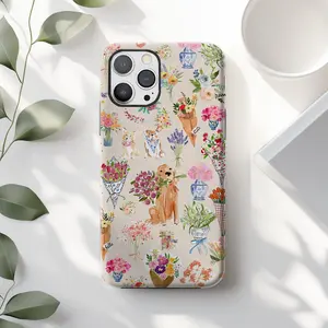 Watercolor Dog Floral Phone Case, Pastel Bouquet Flower Design, Spring Aesthetic Protective Cover, Cute Pet Lover Gift