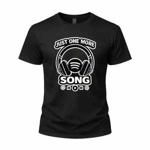Unisex Cotton Oversized T-shirt Funny Meme Graphic Print “Just One More Song” Music Lover Tee Casual Streetwear Gift for Headphone Fans and Everyday Wear