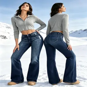 Women's Dark Wash Flare Jeans, Stylish Bottom Pants for Elevated Womenswear