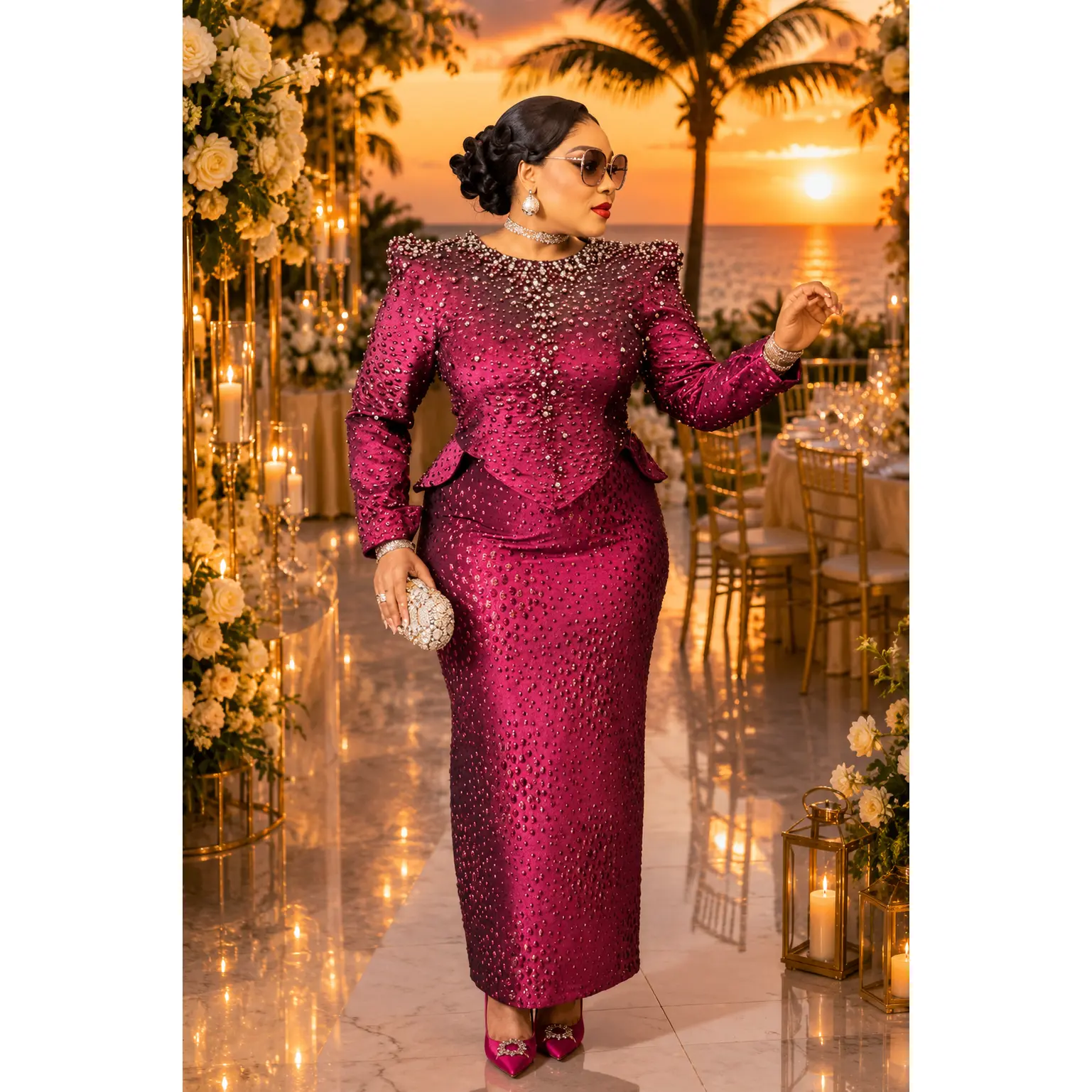Luxury Magenta Brocade Beaded Peplum Power Shoulder Top & Skirt Outfit for Party Celebrant Birthday Cocktail Reception Wedding Church Mother The Bride