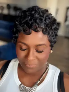 Short Layered Pixie Wigs with Bangs Curly Human Hair Wig Glueless Natural 1b Color Perfect for Everyday Use