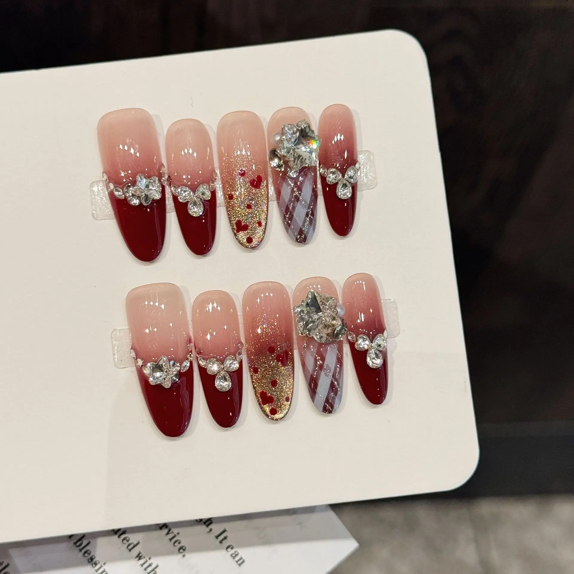 10pcs Handmade LOng Oval Shape Nails, Glossy Finish, French Heart Dots Rhinestones, Wearable Armor, Suitable for Women, Short Nail Length