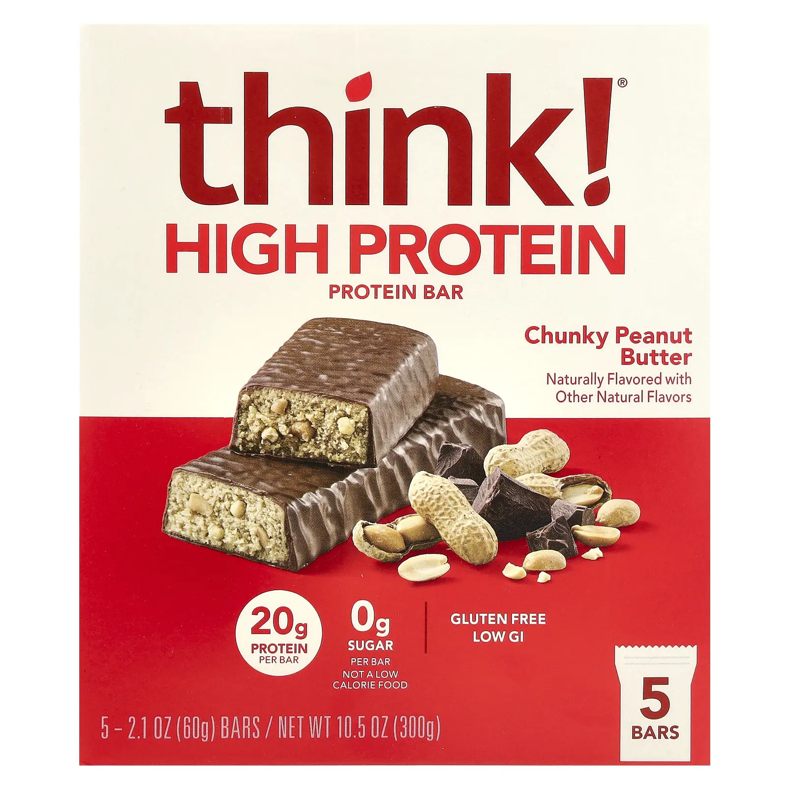 Think ! High Protein Bars, Chunky Peanut Butter, 5 Bars, 2.1 oz (60 g) Each