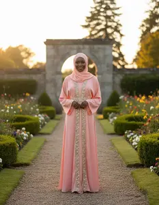 Baraka Lena Abaya in Peach with Gold Embellishments and Matching Hijab for Special Occasions