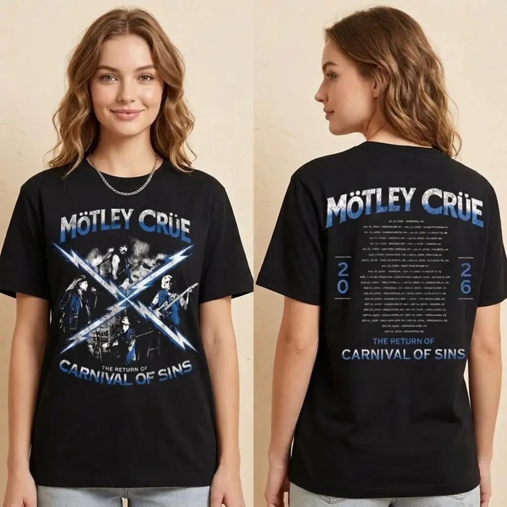 Mötley Crüe Return Of Carnival Of Sins Tour Unisex T-Shirt, Blue Lightning Rock Band Graphic Tee Front Back Printed, Birthday Gift for Rock Music Fans