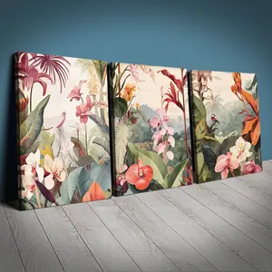 2D Flat 3-Piece Framed Art Print Set, Tropical Plant Decor, Equatorial Jungle Artwork, Hawaiian Wall Art for Home Interiors