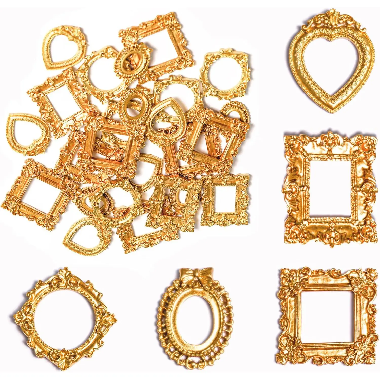 25pcs Gold Round Antique Resin Picture Frames - 1.5x1.1 Inches Multi-Size, Baroque Edge Oval Carving Metallic Decor, Lightweight Heart Shape Trinket Props, Wall/Table Top Jewelry Display for Home Improvement & Gifting