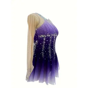 Elegant Purple Gradient Figure Skating Dress with Geometric Patterns and Sequin Details - High Stretch Fabric, Asymmetrical Skater Outfit for All Seasons, Allseason Skating Apparel|Elegant Skating Uniform|Comfortable Ice Skating Dress