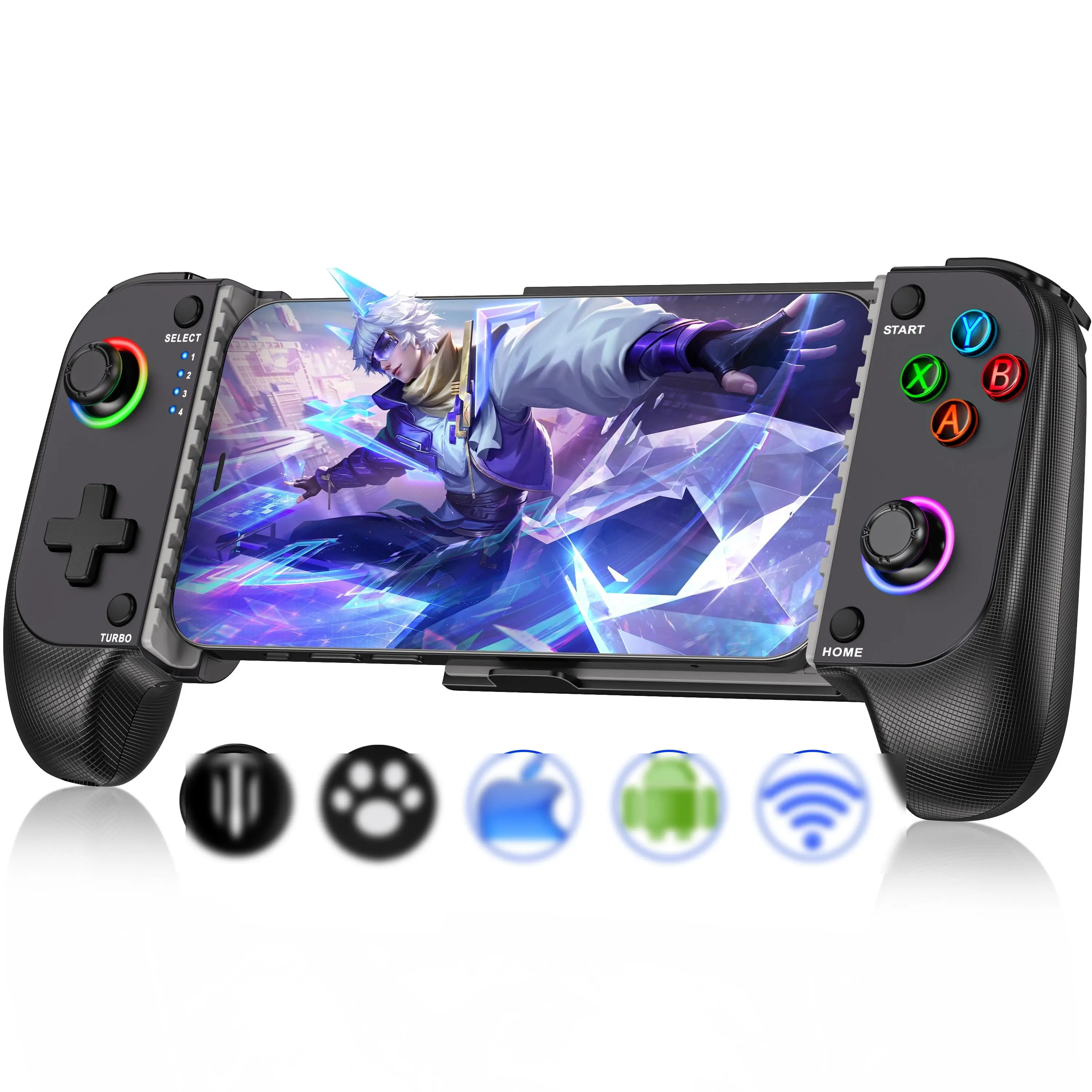 Portable Rechargeable Bluetooth Game Controller for Smartphones - Rubber Grip, Rainbow LED Light Accessory with Hall Effect Sticks, Compatible with iPhone/Android & Phone Cases