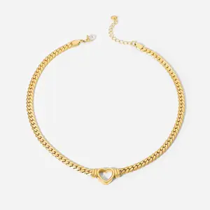 Hollow Heart Pendant Necklace Choker 18K Gold Plated Flat Snake | Waterproof + Non-Tarnishing