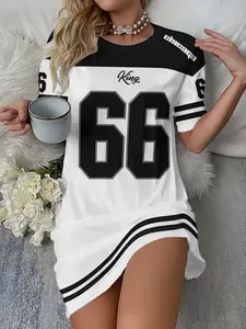 Women's Vintage Sporty T-Shirt Dress, Comfortable Versatile Casual, New Trendy Fashion, Multi-Scene Wear, Sporty Chic Dress, All over Graphic Print