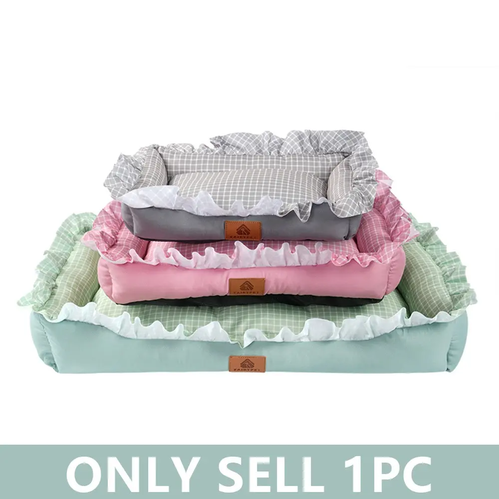 Small Dog Soft Pet Bed, Grid Fashion Fresh Cat Ear Square Nest, Breathable Summer Cool Cat Bed, Kitten Bed, Puppy Bed, Dogs & Cats Pet Bed Qnx-001