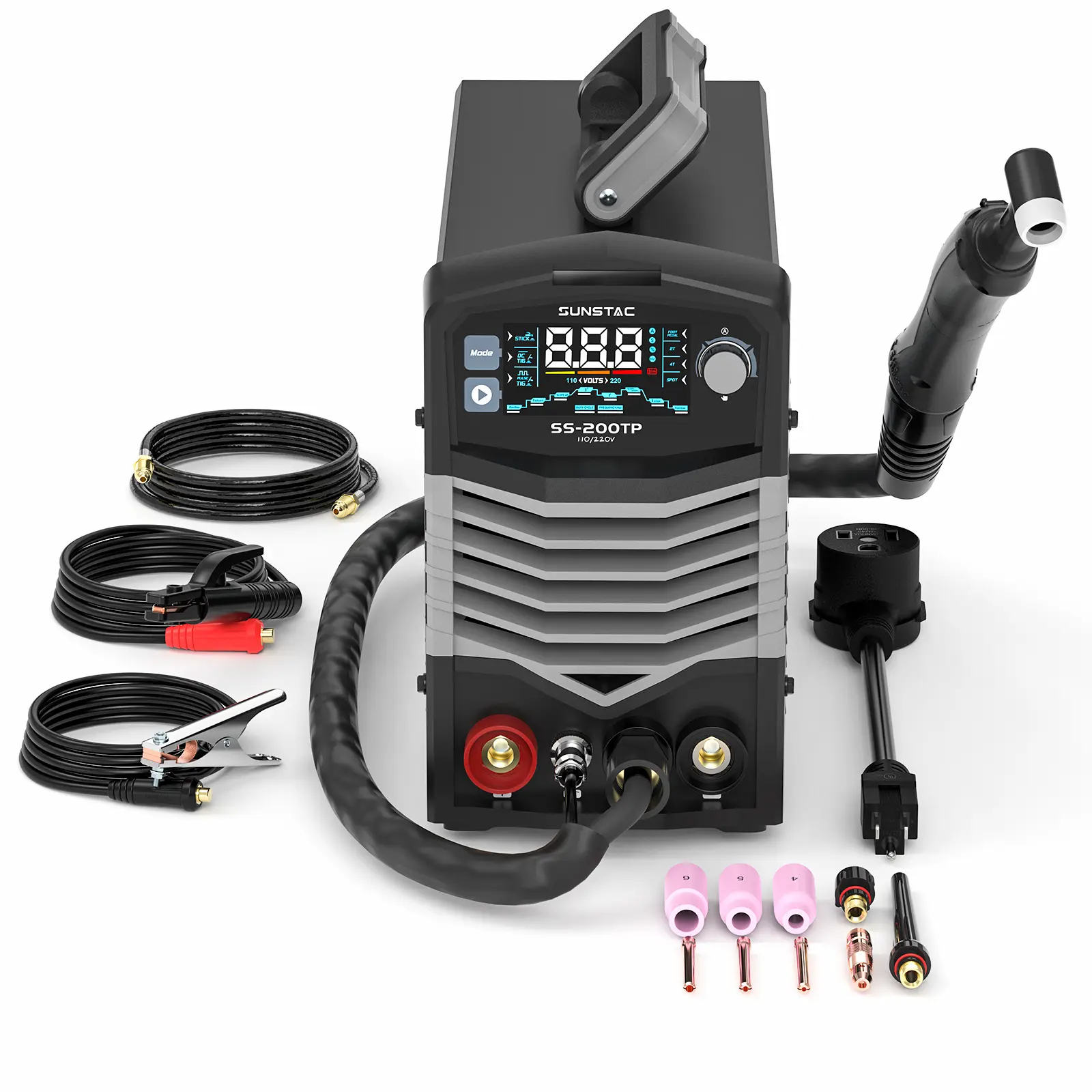 SS-200TP 200A DC TIG Welder with Pulse, 110V/220V Dual Voltage HF TIG/Pulsed TIG/Spot TIG/Stick MMA 4-in-1 Welding Machine, Large Digital Display & Overload Protection