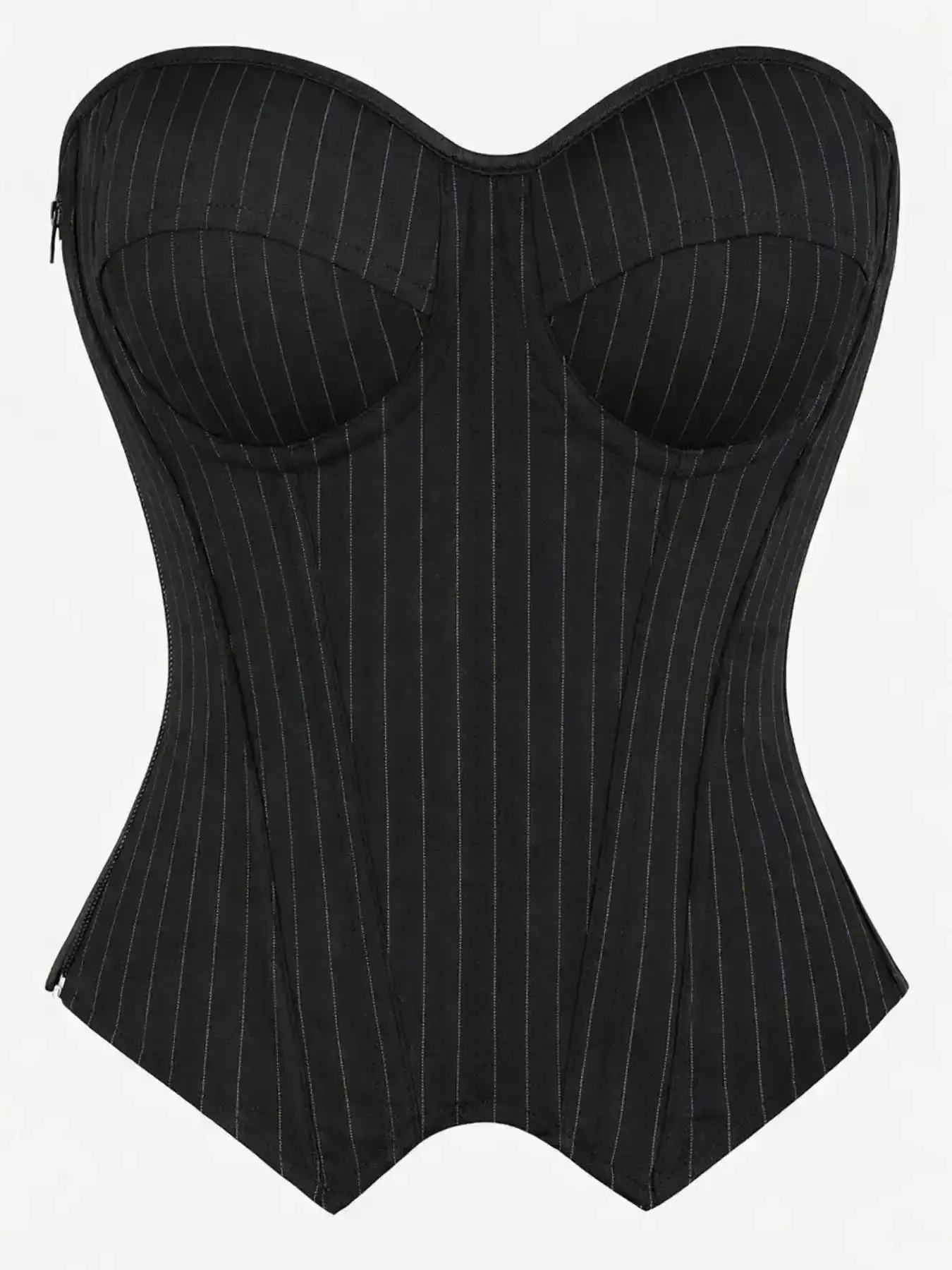 Women’s Black Pinstripe Corset Top Shapewear Strapless Boned Bustier Slim Fit Structured and Light Shaping Going Out classic staple musthave piece everyday top wardrobe essential basic versatile piece confident style