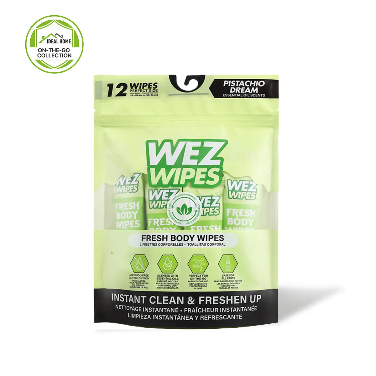 WEZ WIPES Pistachio Dream Fresh Extra Large Body Wipes | 12 Alcohol-Free Biodegradable Body Cleansing Wipes with Essential Oil Scent | No Rinse Bath Wipes for Gym, Travel, Camping & On-the-Go