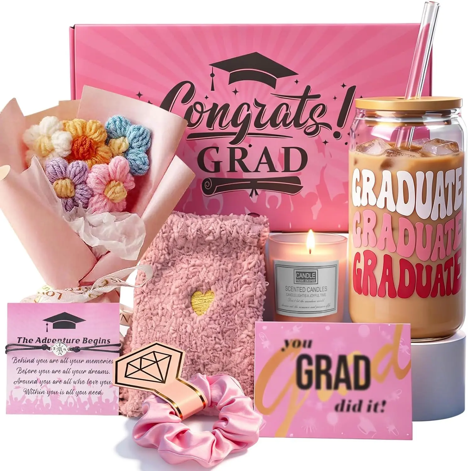Graduation Gift Idea for Her 2026, Pink Graduation Gift Box Basket for Women Girls, Class of 2026 Congrats Grad Gifts, Senior Night Gift Set, High School College Graduation Care Package