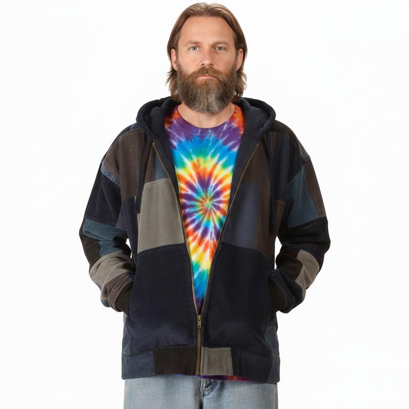 Patchwork Corduroy Zip Up Hoodie