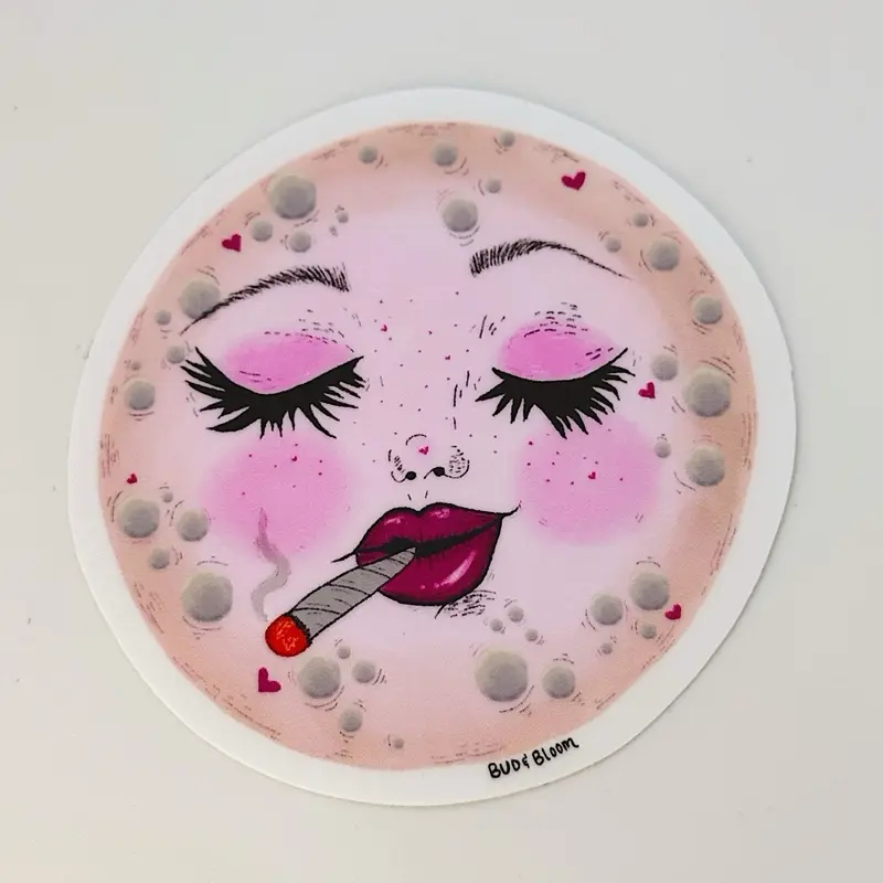 Smoking Moon Vinyl Sticker | Whimsical Celestial Moon Art